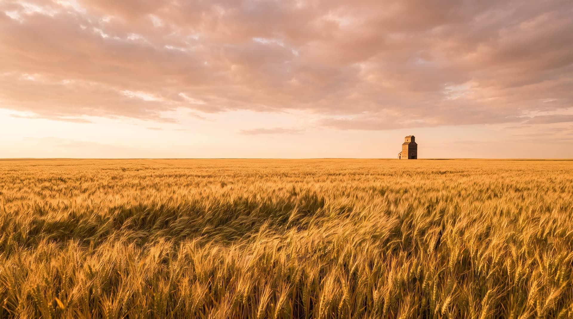Golden Kansas wheat moving in the wind at sunset, with a grain elevator on the horizon.